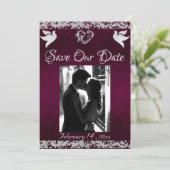 Foto, Tauben, Silberherz und Glitzer - Lila Save The Date (Stehend Vorderseite)