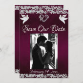 Foto, Tauben, Silberherz und Glitzer - Lila Save The Date (Vorne/Hinten)