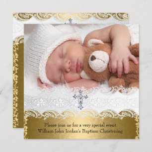 Foto Taufe Gold Lace Cross Baby Boy Girl Einladung