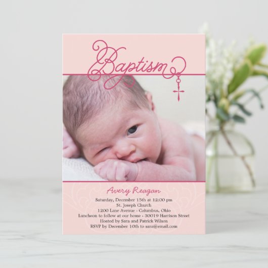 Foto-Taufe - Rosa Einladung (Stehend Vorderseite)
