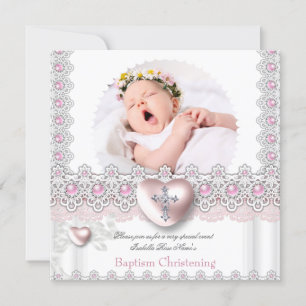 Foto Taufe Rosa Silber Herz Kreuz Mädchen Perle 2 Einladung