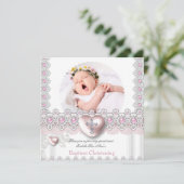 Foto Taufe Rosa Silberner Herzkreuz Perle 2 Einladung (Stehend Vorderseite)