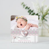 Foto Taufe Rosa Silberner Herzkreuz Perlmuttwein Einladung (Stehend Vorderseite)