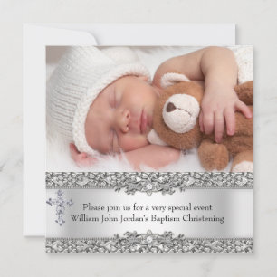 Foto Taufe Silver Lace Cross Baby Boy Girl Einladung