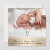 Foto Taufe White Beige Cross Baby Girl Boy Einladung (Vorderseite)