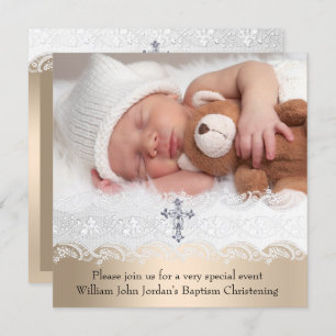 Foto Taufe White Beige Cross Baby Girl Boy Einladung