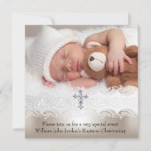 Foto Taufe White Beige Cross Baby Girl Boy Einladung (Vorderseite)