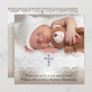 Foto Taufe White Beige Cross Baby Girl Boy Einladung