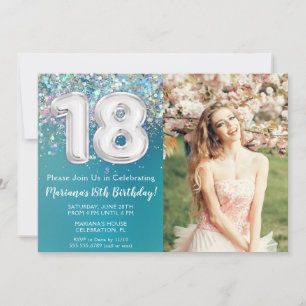 Foto Teal Silber Glitter 18. Geburtstag Einladung