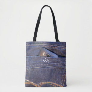 Foto Telefon mit blauer Demin Jeans Monogramm Tasche