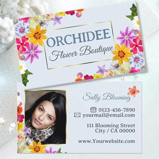 Foto Template Elegante Wildblumen Gold Blue Chic Visitenkarte