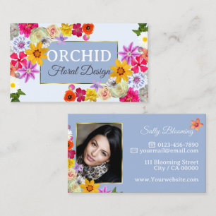 Foto Template Elegante Wildblumen Gold Light Blue Visitenkarte