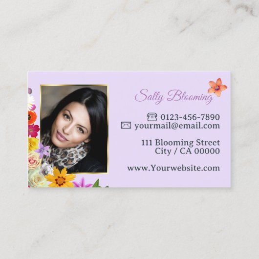 Foto Template Elegante Wildblumen Gold Lilac Chic Visitenkarte (Rückseite)