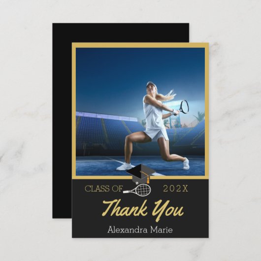 Foto Tennisspieler Black Gold White Abschluss Dankeskarte (Vorne/Hinten)