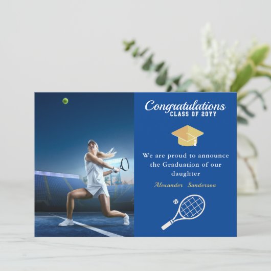 Foto Tennisspieler Blue Gold White Abschluss Ankündigung (Stehend Vorderseite)