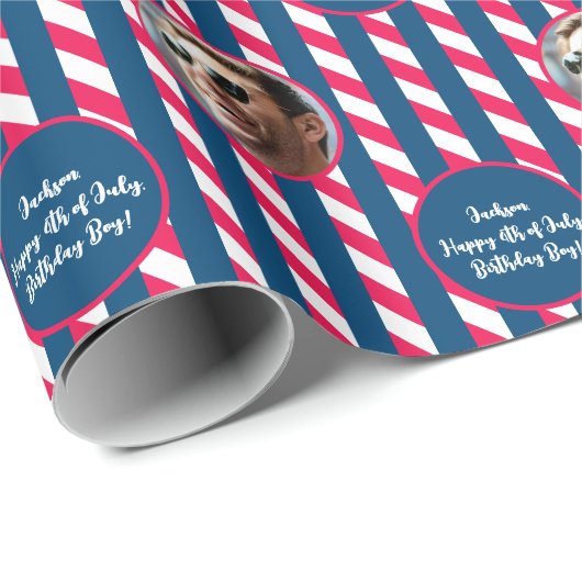 Foto Text Rot Blau Weiß 4. Juli Streifen Geschenkpapier (Rolleneckpunkt)