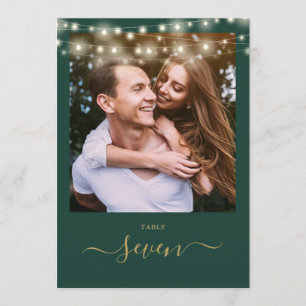 Foto-Tischnummer mit grünen und goldenen String-Li Einladung