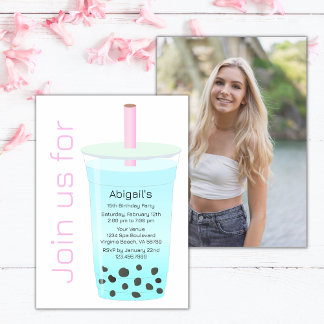 Foto Trendy Modern Pink Blue Boba Tea Geburtstag Einladung