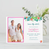 Foto Tropical Beach Berry Pink Aquamarin Blue Flor Save The Date (Stehend Vorderseite)