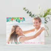 Foto Tropical Beach Berry Pink Aquamarin Floral Om Save The Date (Stehend Vorderseite)