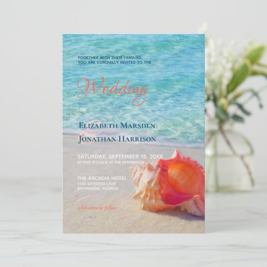 Foto Tropical Beach Conch Muschel Moderne Hochzeit Einladung (Stehend Vorderseite)