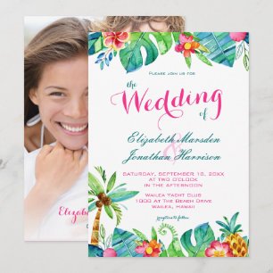 Foto Tropical Beach Rosa Aquamarine Blumenhochzeit Einladung