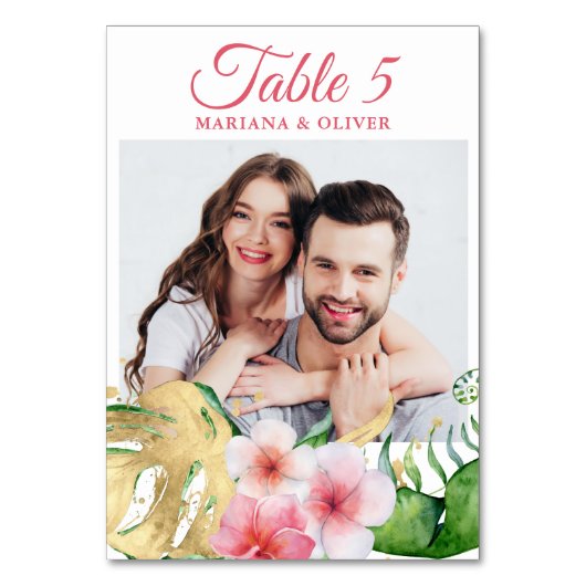 Foto Tropical Blume Palms Gold Floral Hochzeit Tischnummer (Vorderseite)