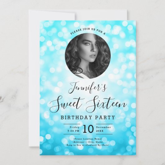 FOTO Türkis Bokeh Lights Sweet 16 Party Einladung (Vorderseite)