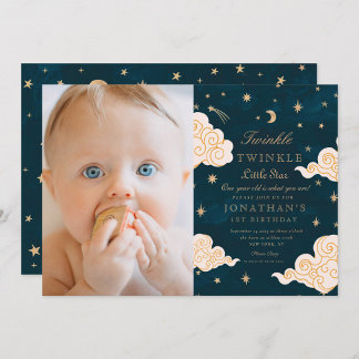 Foto Twinkle Little Stars Niedlich Mond 1. Geburts Einladung