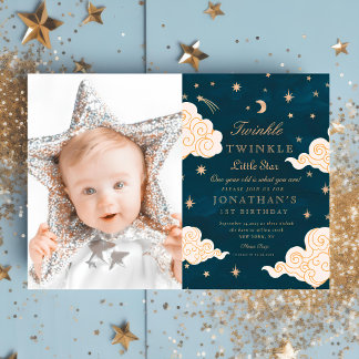 Foto Twinkle Little Stars Niedlich Mond 1. Geburts Einladung