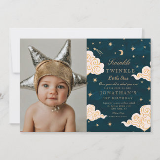 Foto Twinkle Little Stars Niedlich Mond 1. Geburts Einladung