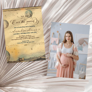 Foto Über den Mond Sterne Blau Babyparty Einladung