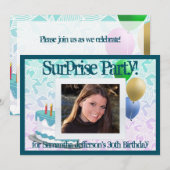 Foto Überraschende Party Einladungen, blau und wei Einladung (Vorne/Hinten)