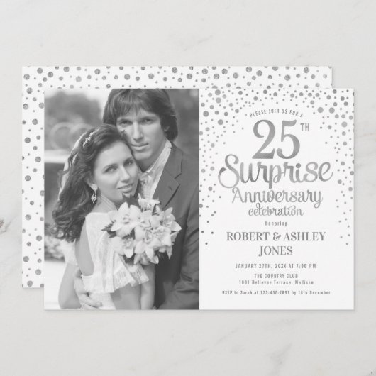 Foto Überraschung 25 Jahre - Weißes Silber Einladung (Vorne/Hinten)