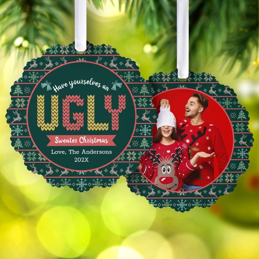 Foto Ugly Sweater Christmas Nordic Green Holiday Ornament Karte