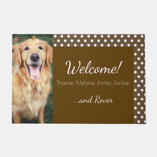 Foto und Familienname Polka Dot Brown Willkommen Fußmatte (Vorderseite)