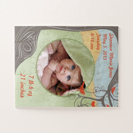 Foto- und Geburtsstats-Waldbaumvogel Ihres Babys Puzzle (Horizontal)