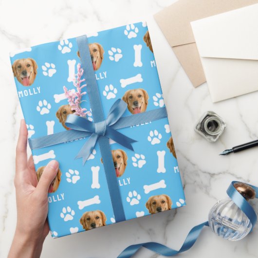 Foto und Name Blau für Hunde Geschenkpapier (Schenken)