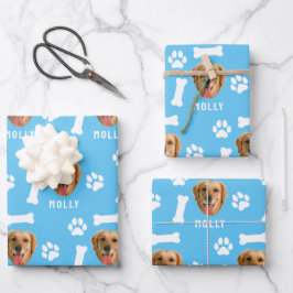 Foto und Name Blau für Hunde Geschenkpapier Set