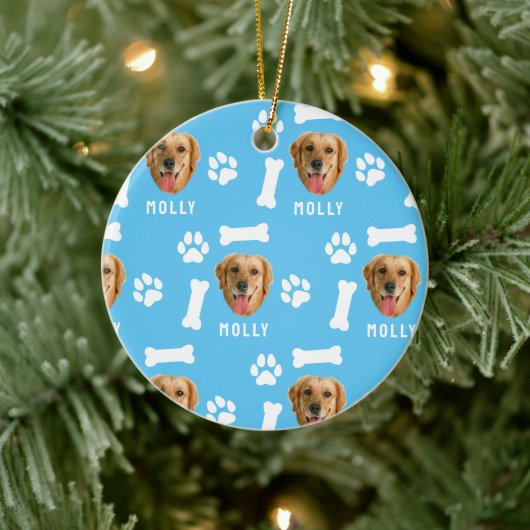 Foto und Name Blau für Hunde Keramik Ornament (Baum)
