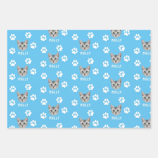 Foto und Name Blau für Katzen Geschenkpapier Set (Vorderseite 3)