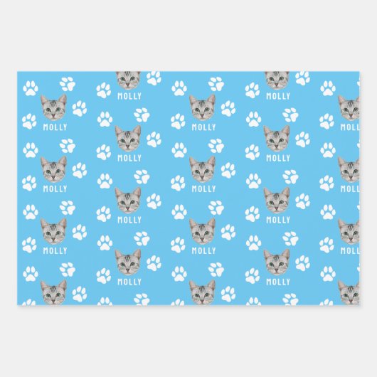 Foto und Name Blau für Katzen Geschenkpapier Set (Vorderseite 2)
