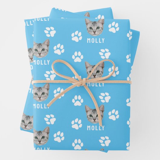 Foto und Name Blau für Katzen Geschenkpapier Set (Beispiel)
