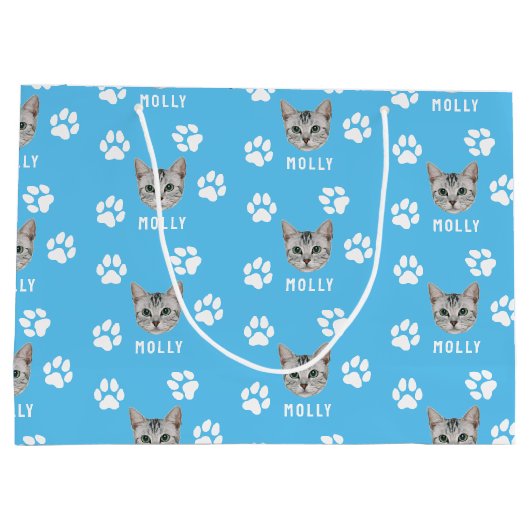 Foto und Name Blau für Katzen Große Geschenktüte (Rückseite)
