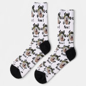 Foto und Name des Hundes, mit Knochen- und Paw-Dru Socken (Linkes Detail)
