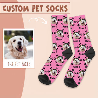Foto und Name des Hundes, mit Knochen- und Paw-Dru Socken