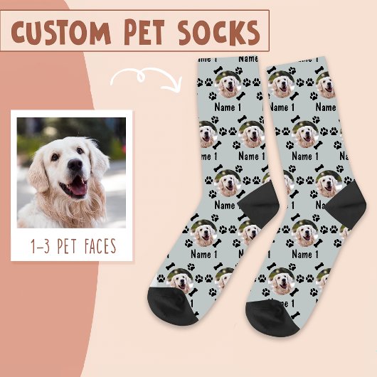 Foto und Name des Hundes, mit Knochen- und Paw-Dru Socken