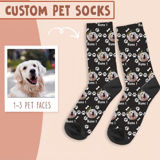 Foto und Name des Hundes, mit Knochen- und Paw-Dru Socken