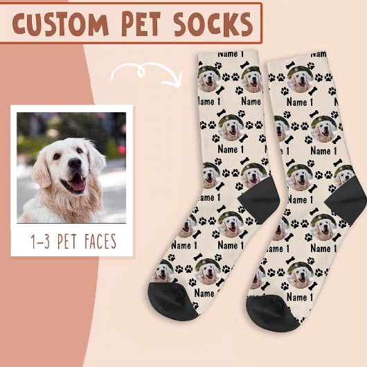 Foto und Name des Hundes, mit Knochen- und Paw-Dru Socken