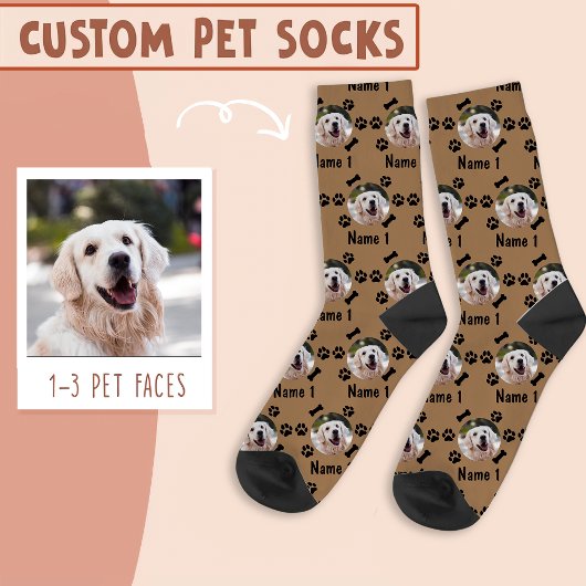 Foto und Name des Hundes, mit Knochen- und Paw-Dru Socken